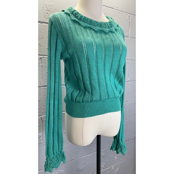 Vintage 1980s Teal Knit Cropped Sweater Lace Collar Cuffs Med Cottage Preppy - Picture 5 of 10